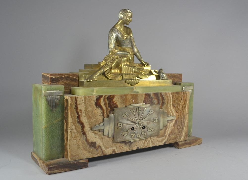Rare pendule bronze Georges Lavroff. Femme au chaton. -photo-6