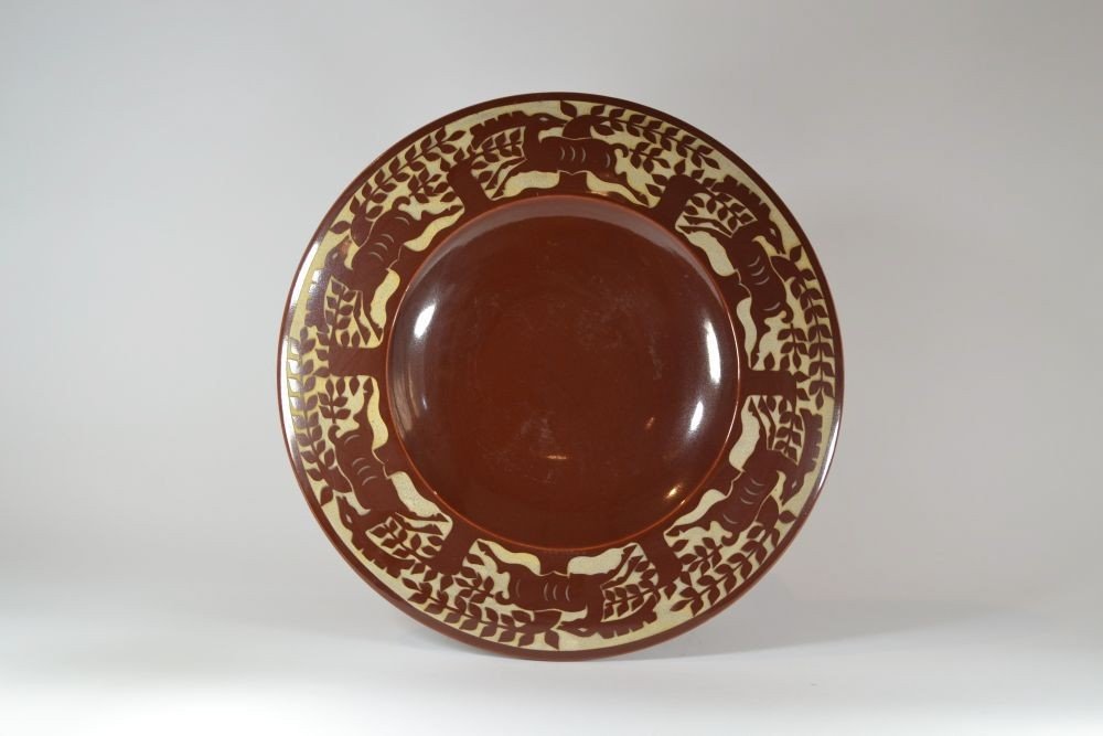 Roger Mequinion. Large Brown Dish. Deers Pattern