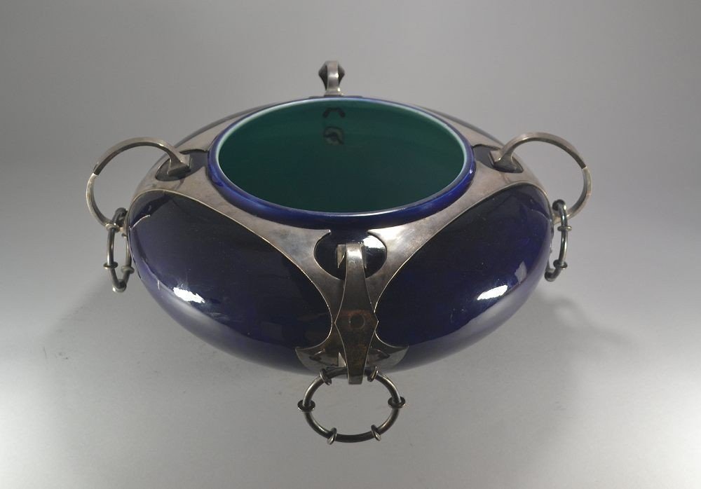 Huge Modernist Sarreguemines Silvered Metal And Ceramic Planter-photo-3