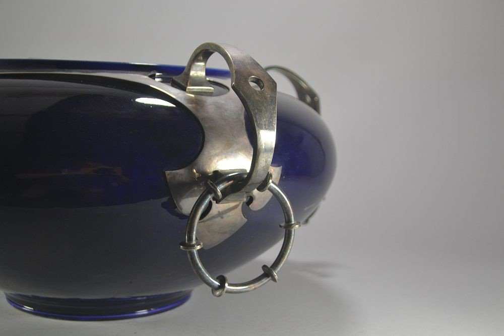 Huge Modernist Sarreguemines Silvered Metal And Ceramic Planter-photo-4