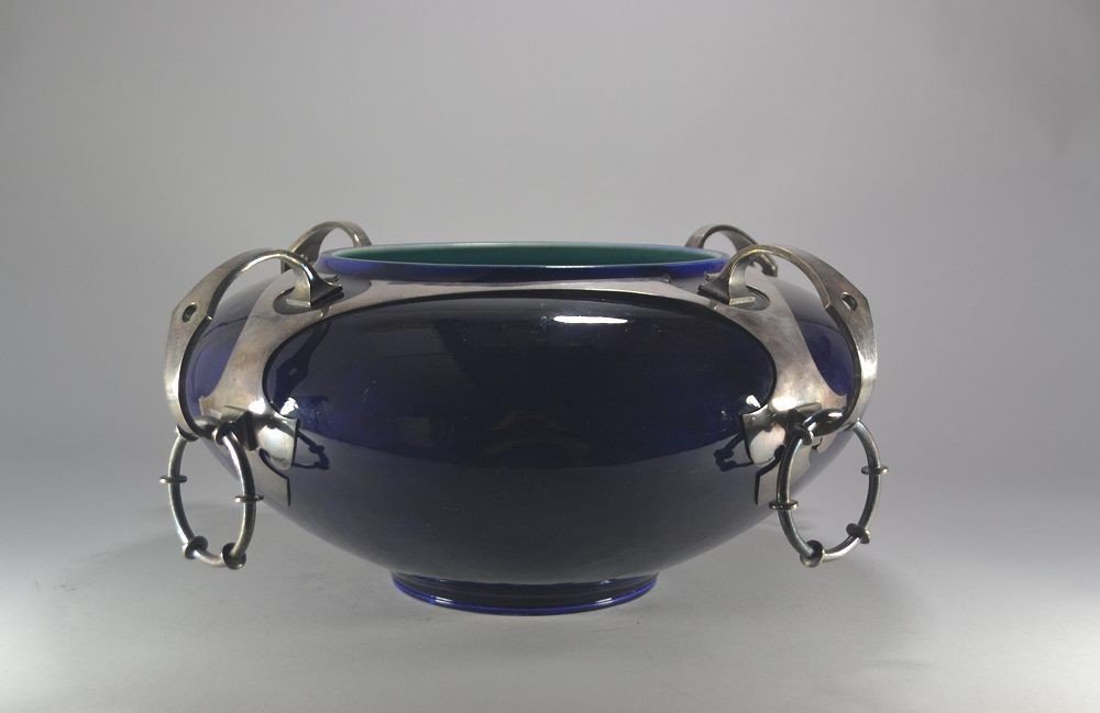 Huge Modernist Sarreguemines Silvered Metal And Ceramic Planter-photo-2