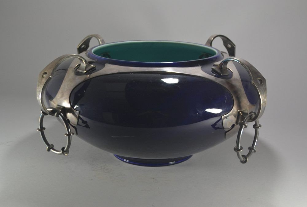 Huge Modernist Sarreguemines Silvered Metal And Ceramic Planter