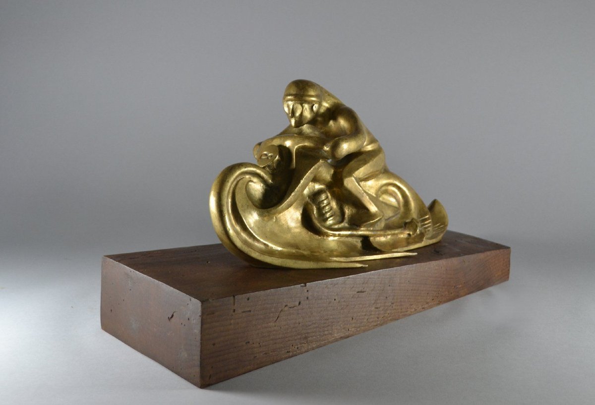 Rare sculpture en bronze d'un motocycliste. Futurisme Italien.-photo-8