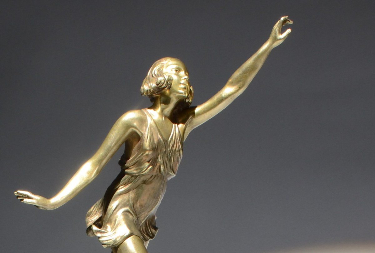 Danseuse Art déco sculpture en bronze par Pierre Laurel (Le Faguays). Socle en marbre vert-photo-4