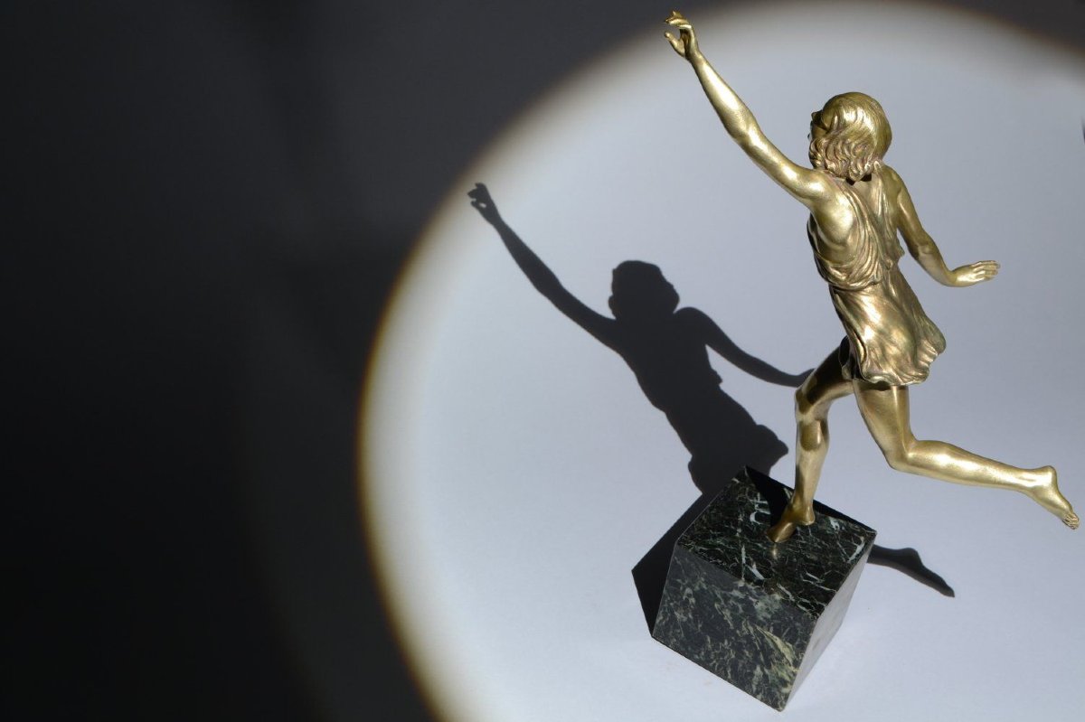 Danseuse Art déco sculpture en bronze par Pierre Laurel (Le Faguays). Socle en marbre vert-photo-3