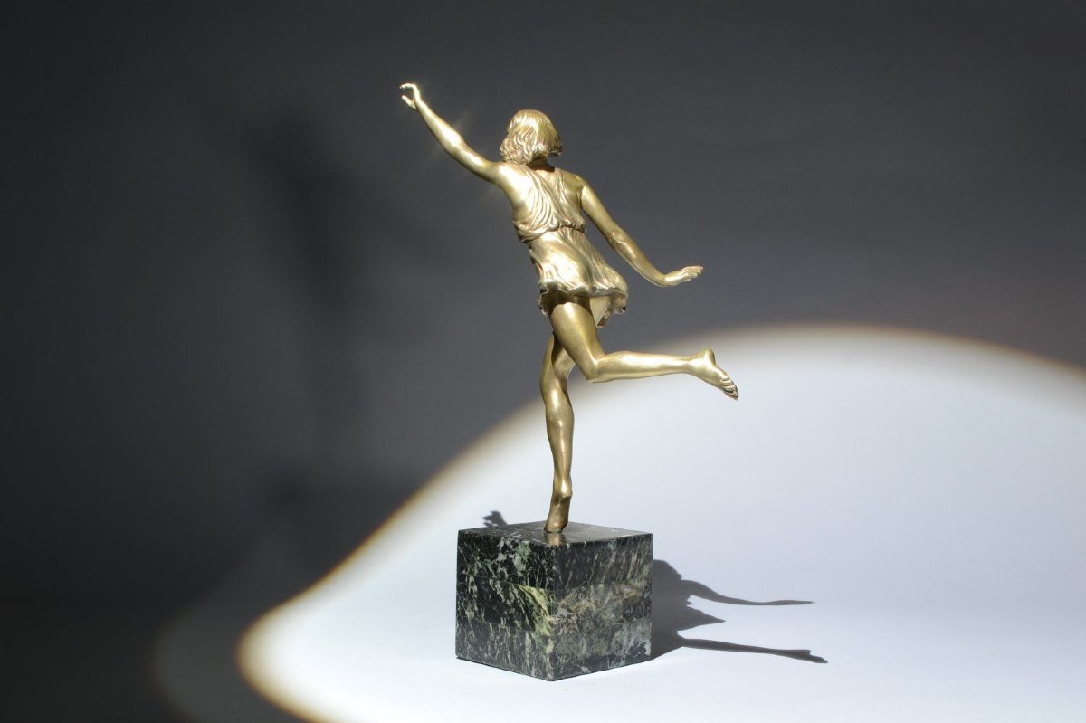 Danseuse Art déco sculpture en bronze par Pierre Laurel (Le Faguays). Socle en marbre vert-photo-5