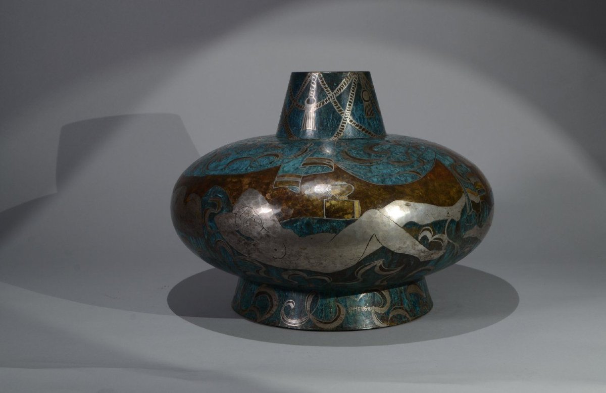 Paul Louis Mergier. Vase art déco en dinanderie. Pièce maîtresse.-photo-6