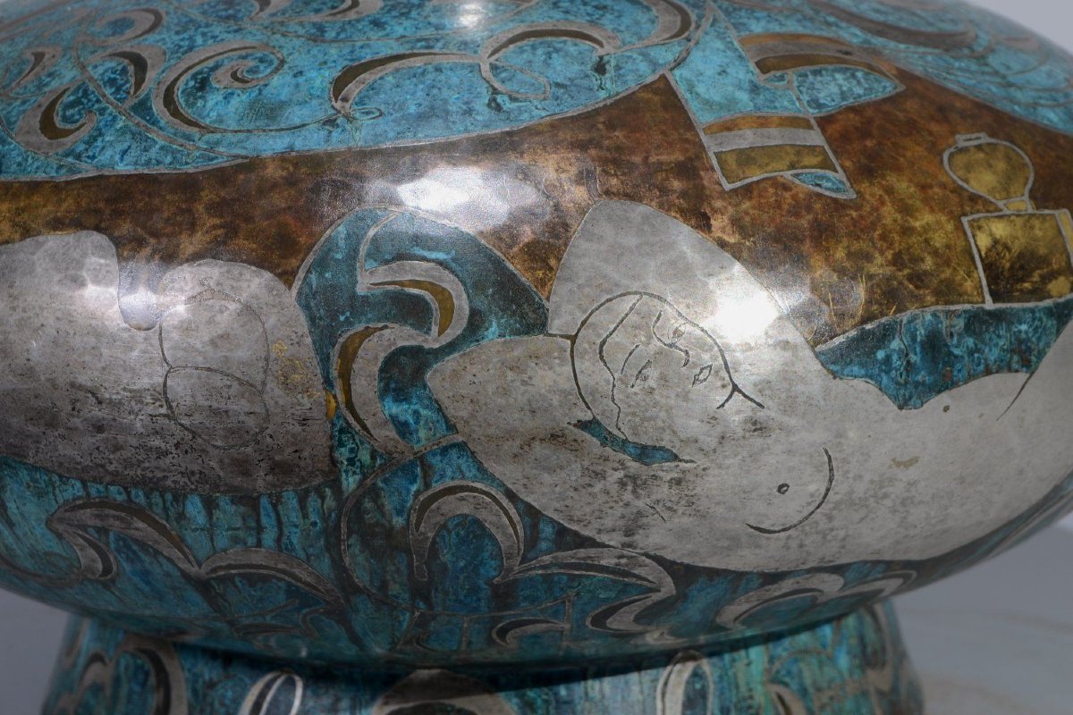 Paul Louis Mergier. Vase art déco en dinanderie. Pièce maîtresse.-photo-7