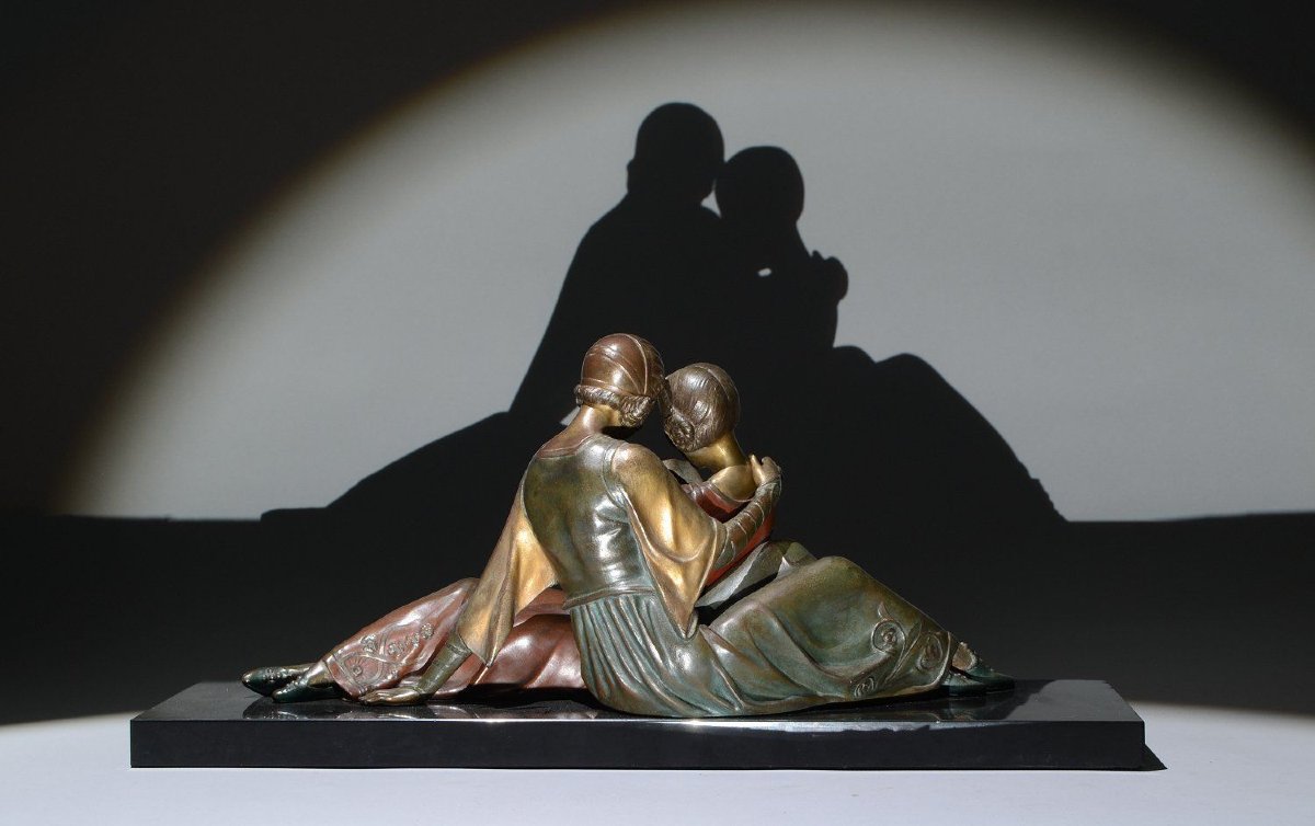 Elegant Art Deco Sculpture, Reading Ladies By Godard-photo-2