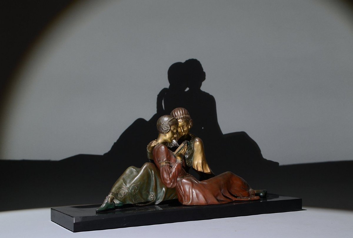 Elegant Art Deco Sculpture, Reading Ladies By Godard-photo-3