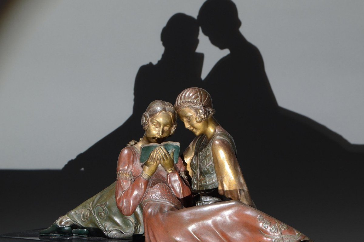Elegant Art Deco Sculpture, Reading Ladies By Godard-photo-4