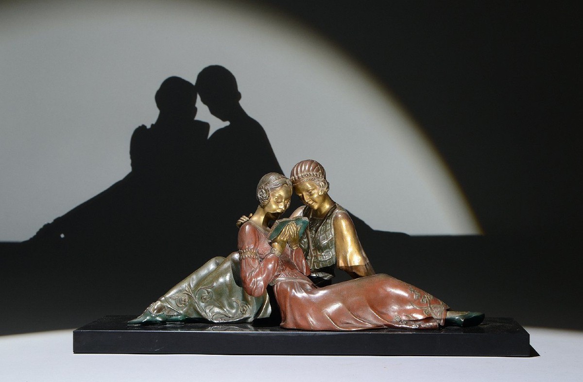 Elegant Art Deco Sculpture, Reading Ladies By Godard