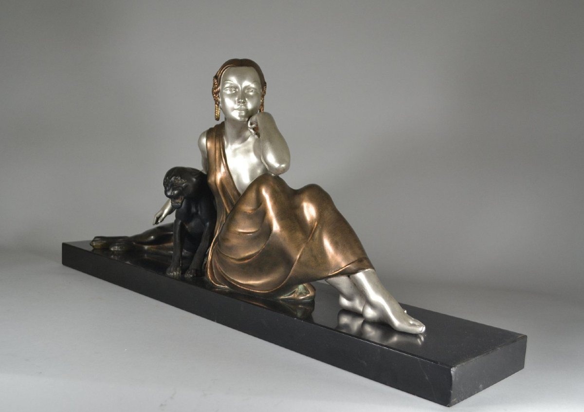 "lady With Panther" – Large Art Deco Group, Circa 1925-photo-2