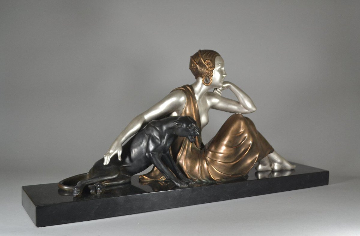 "lady With Panther" – Large Art Deco Group, Circa 1925-photo-1