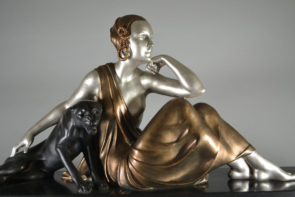 "lady With Panther" – Large Art Deco Group, Circa 1925-photo-2