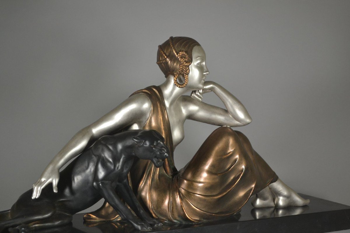 "lady With Panther" – Large Art Deco Group, Circa 1925-photo-3