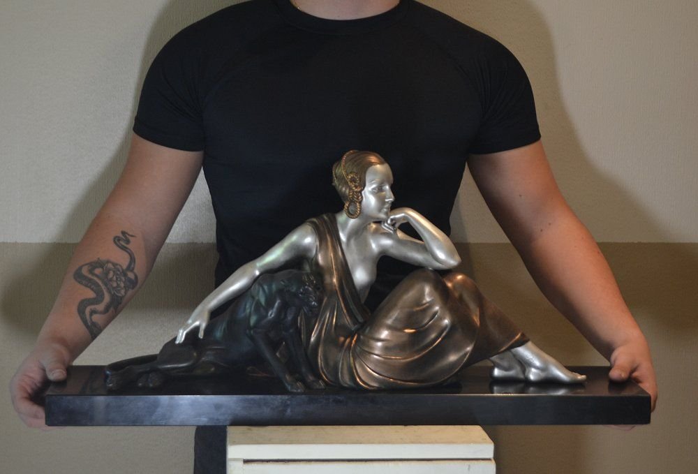 "lady With Panther" – Large Art Deco Group, Circa 1925-photo-5