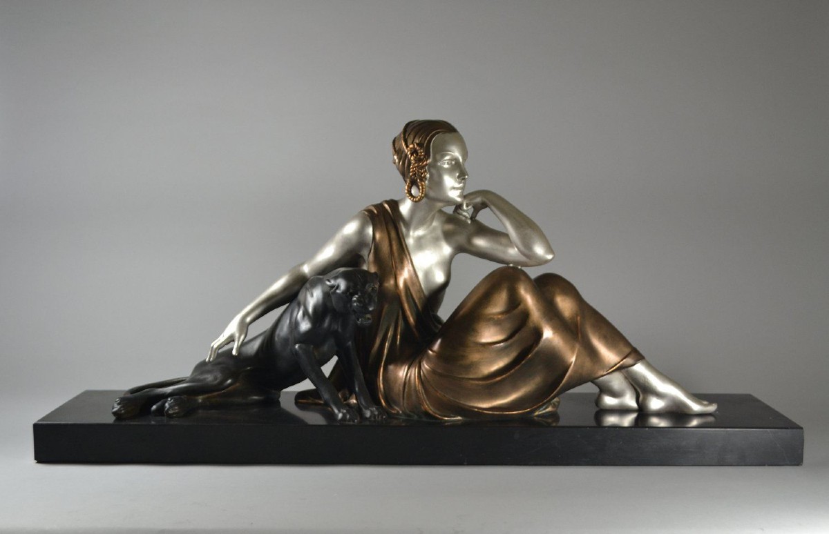 "lady With Panther" – Large Art Deco Group, Circa 1925