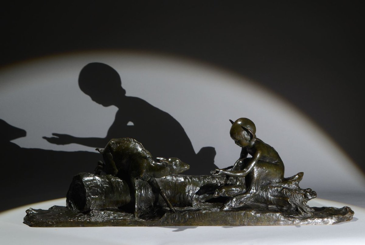 Ary Bitter. Bronze Sculpture. Faun And Doe On A Tree Trunk. Susse Frères.  Art Deco-photo-2