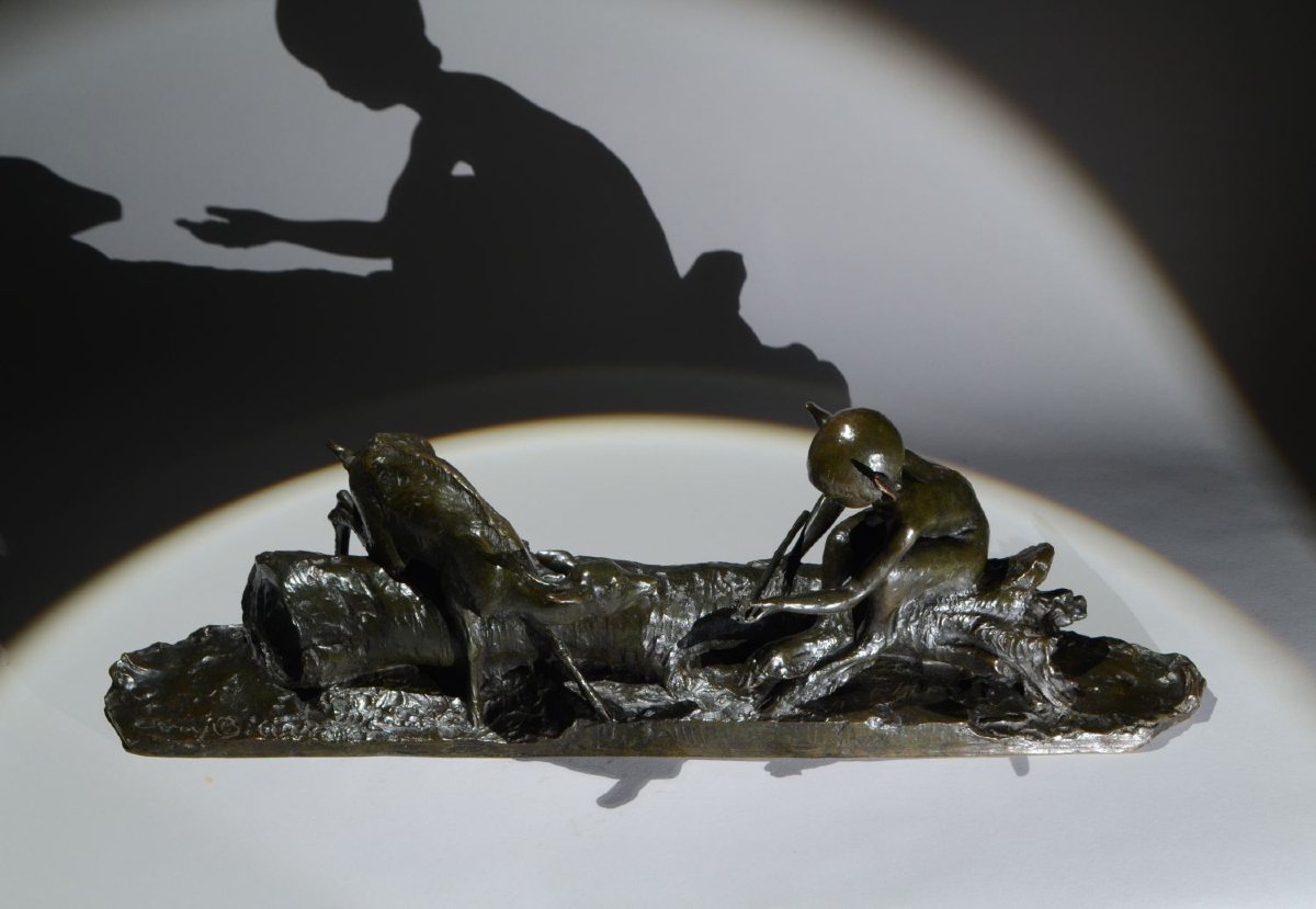 Ary Bitter. Bronze Sculpture. Faun And Doe On A Tree Trunk. Susse Frères.  Art Deco-photo-2