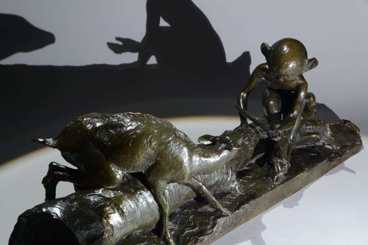 Ary Bitter. Bronze Sculpture. Faun And Doe On A Tree Trunk. Susse Frères.  Art Deco-photo-3