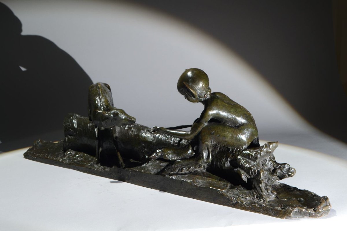 Ary Bitter. Bronze Sculpture. Faun And Doe On A Tree Trunk. Susse Frères.  Art Deco-photo-4