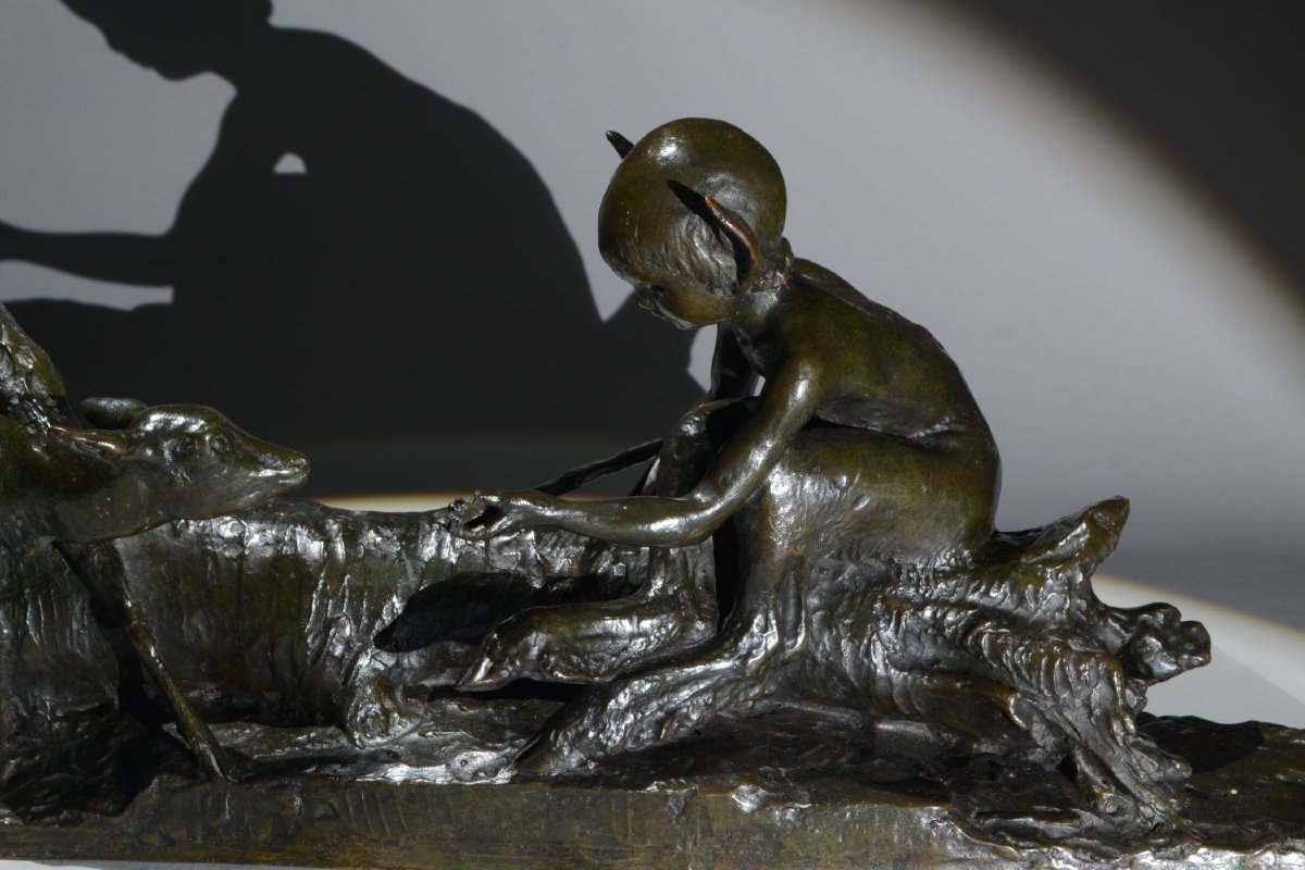 Ary Bitter. Bronze Sculpture. Faun And Doe On A Tree Trunk. Susse Frères.  Art Deco-photo-5