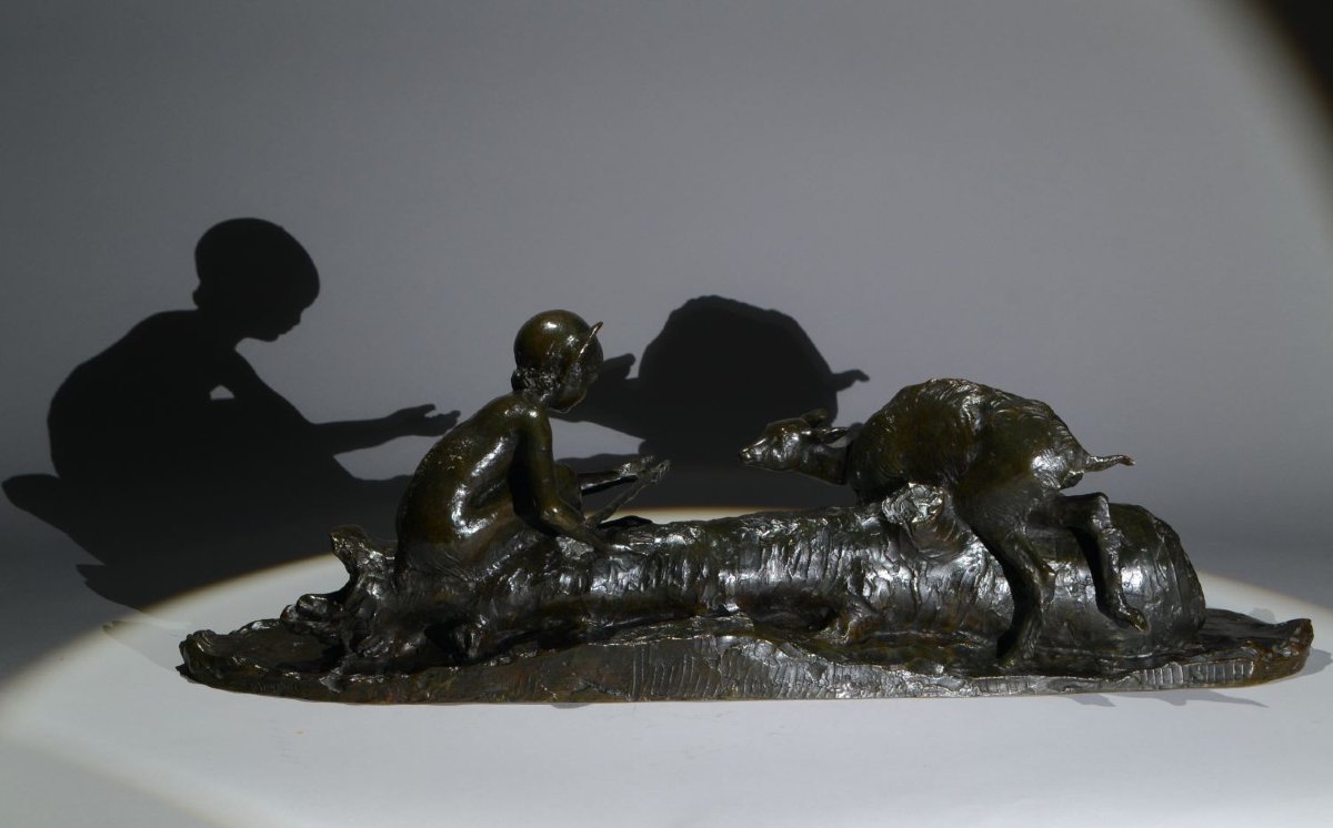 Ary Bitter. Bronze Sculpture. Faun And Doe On A Tree Trunk. Susse Frères.  Art Deco-photo-6
