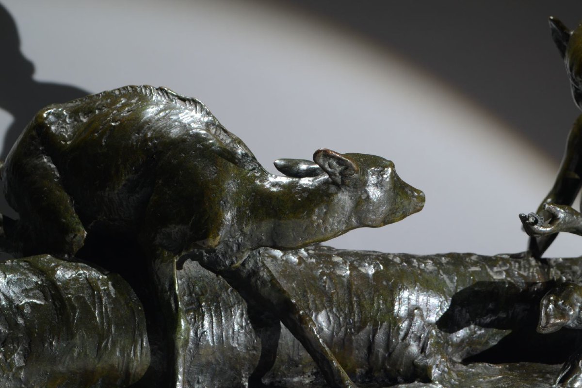 Ary Bitter. Bronze Sculpture. Faun And Doe On A Tree Trunk. Susse Frères.  Art Deco-photo-7
