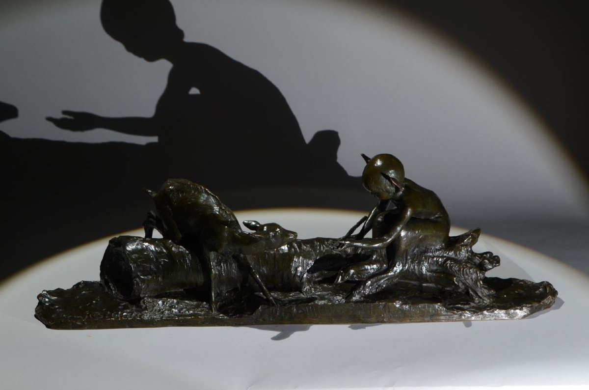 Ary Bitter. Bronze Sculpture. Faun And Doe On A Tree Trunk. Susse Frères.  Art Deco-photo-8
