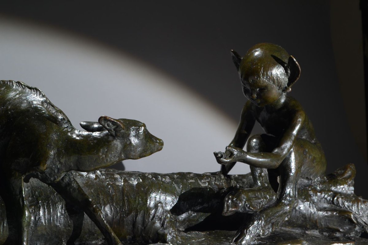 Ary Bitter. Bronze Sculpture. Faun And Doe On A Tree Trunk. Susse Frères.  Art Deco