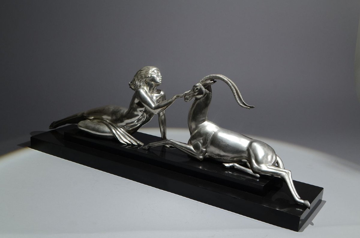 Fayral. Le Faguays. "SEDUCTION" pour Le Verrier. Version argentée. Sculpture art déco-photo-1