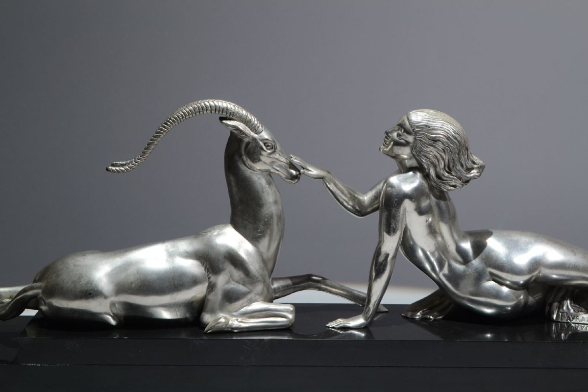 Fayral. Le Faguays. "SEDUCTION" pour Le Verrier. Version argentée. Sculpture art déco-photo-2