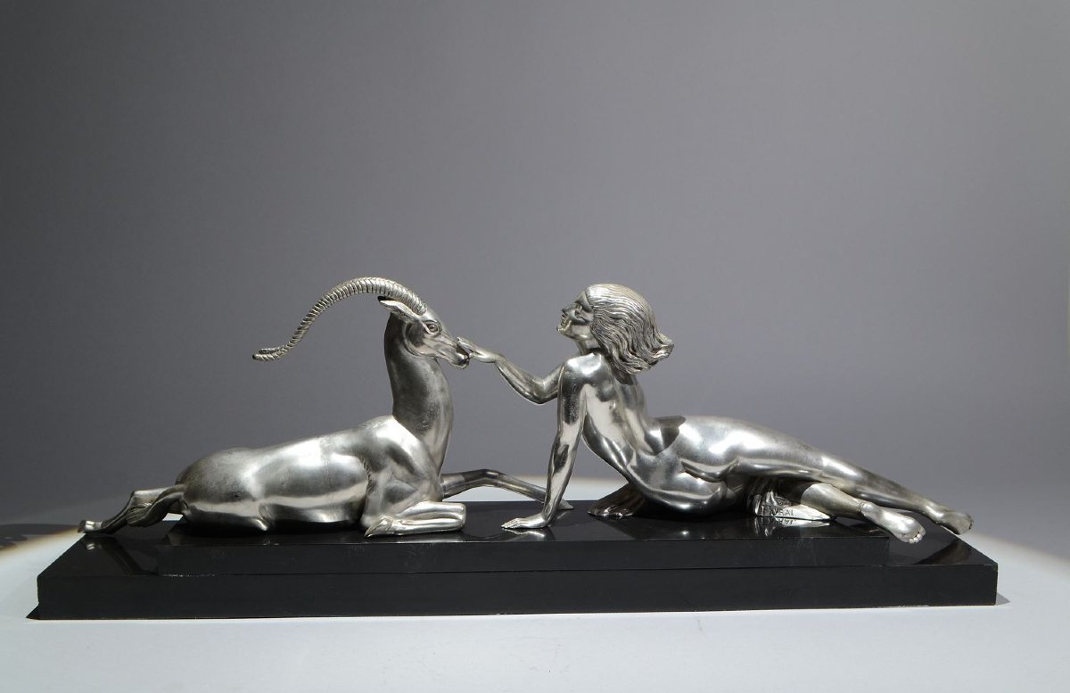 Fayral. Le Faguays. "SEDUCTION" pour Le Verrier. Version argentée. Sculpture art déco-photo-4