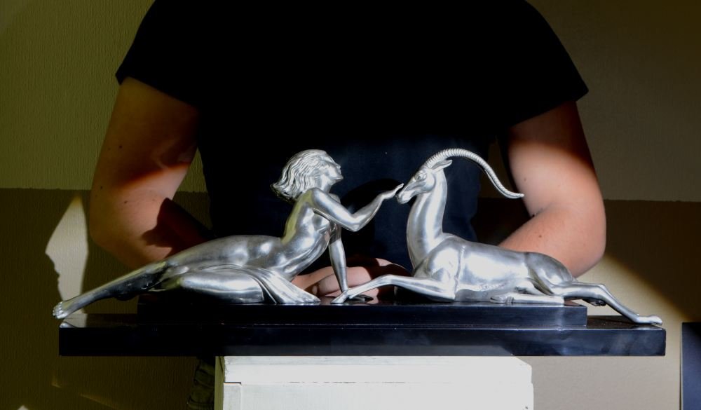 Fayral. Le Faguays. "SEDUCTION" pour Le Verrier. Version argentée. Sculpture art déco-photo-6
