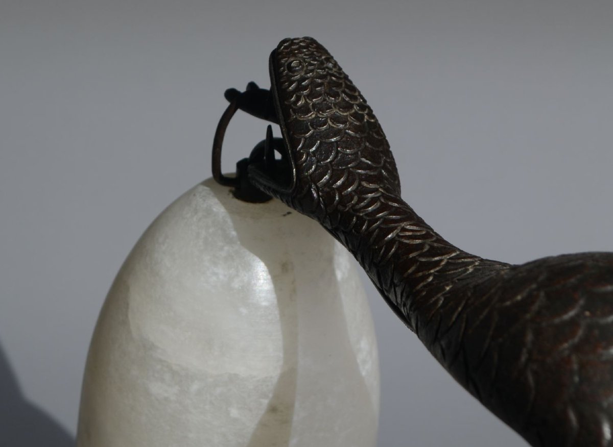 Large Cobra Art Deco Lamp Made Of Wrought Iron And Alabaster. -photo-1