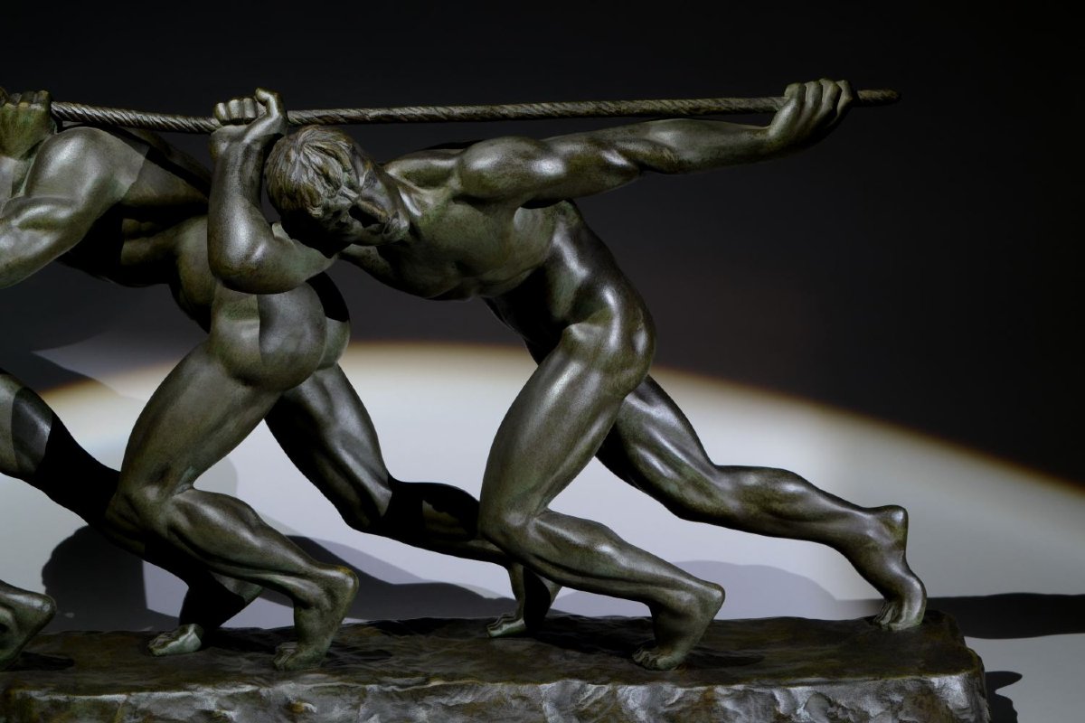 Guiraud-Rivière – Les Trois Haleurs ou la Force, Sculpture bronze emblématique Art Deco-photo-2