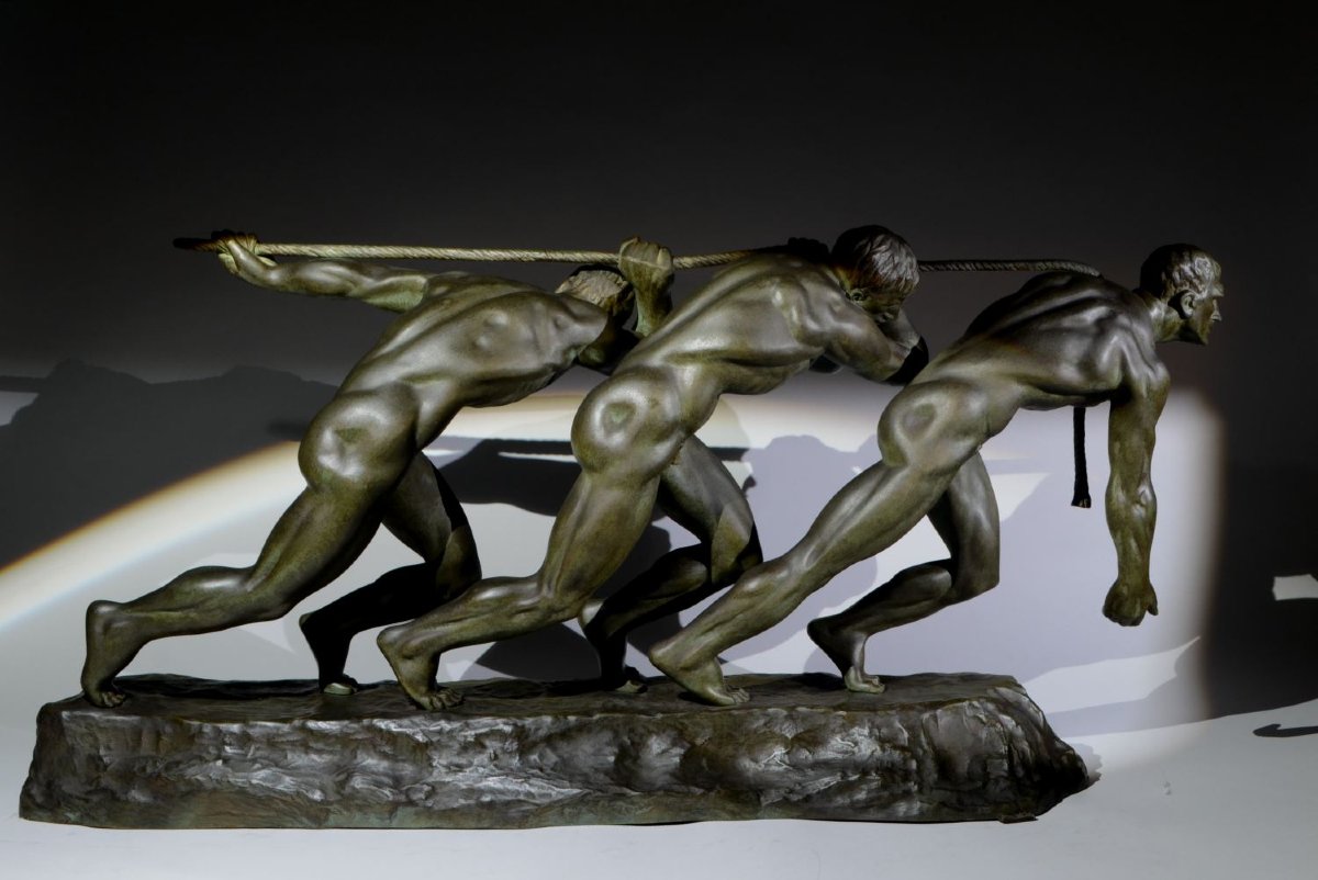 Guiraud-Rivière – Les Trois Haleurs ou la Force, Sculpture bronze emblématique Art Deco-photo-3