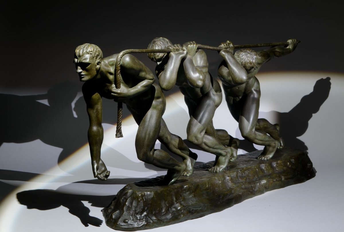 Guiraud-Rivière – Les Trois Haleurs ou la Force, Sculpture bronze emblématique Art Deco-photo-4