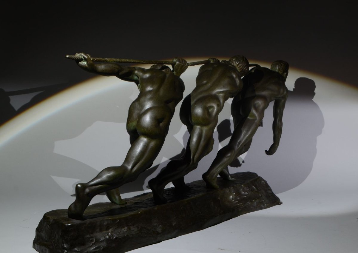 Guiraud-Rivière – Les Trois Haleurs ou la Force, Sculpture bronze emblématique Art Deco-photo-2