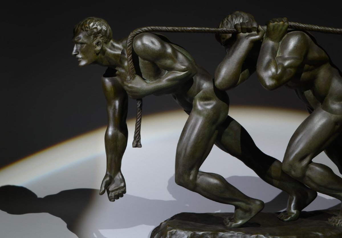Guiraud-Rivière – Les Trois Haleurs ou la Force, Sculpture bronze emblématique Art Deco-photo-4