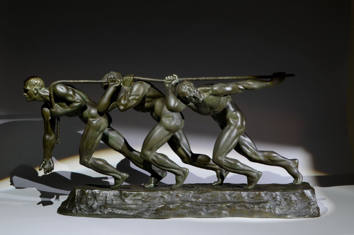 Guiraud-Rivière – Les Trois Haleurs ou la Force, Sculpture bronze emblématique Art Deco