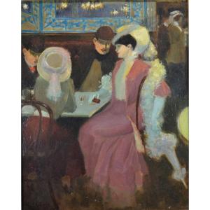 Auguste Leymarie. "elegante Ladies In A Café" Oil On Canvas
