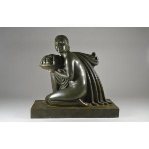 Georges Verez. Woman With Fruits Bronze Figure. 