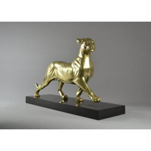 Art Deco Bronze Panther On Marble Base