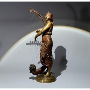 Charles Coudray Tall Bronze Egyptian Harp Player Georges Charles Coudray (1862-1932)