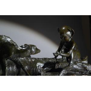 Ary Bitter. Bronze Sculpture. Faun And Doe On A Tree Trunk. Susse Frères.  Art Deco