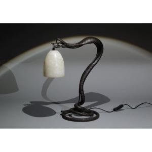 Large Cobra Art Deco Lamp Made Of Wrought Iron And Alabaster.
