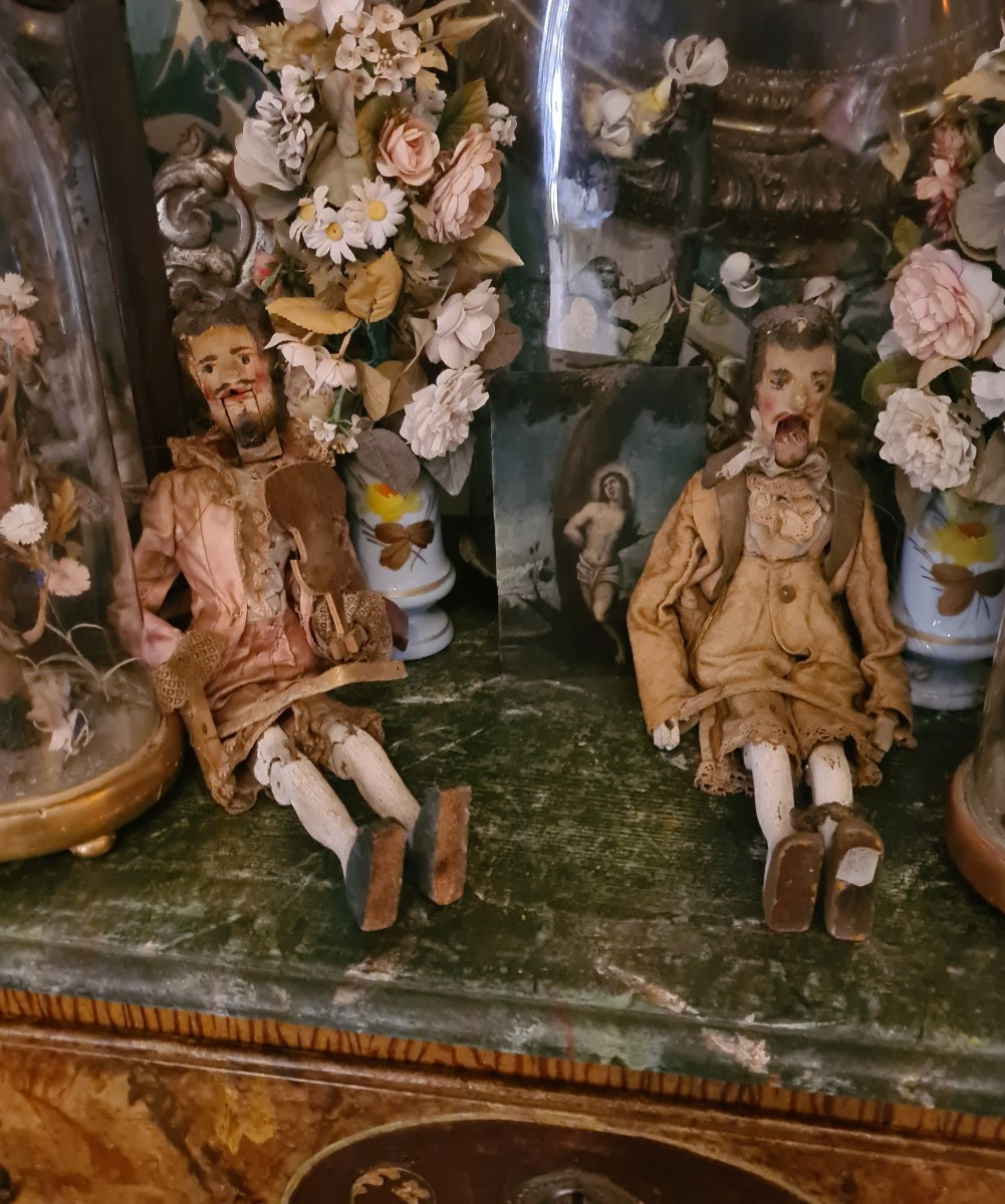 Pair Of Late 19th Century Of Wooden Puppets With Original Clothing