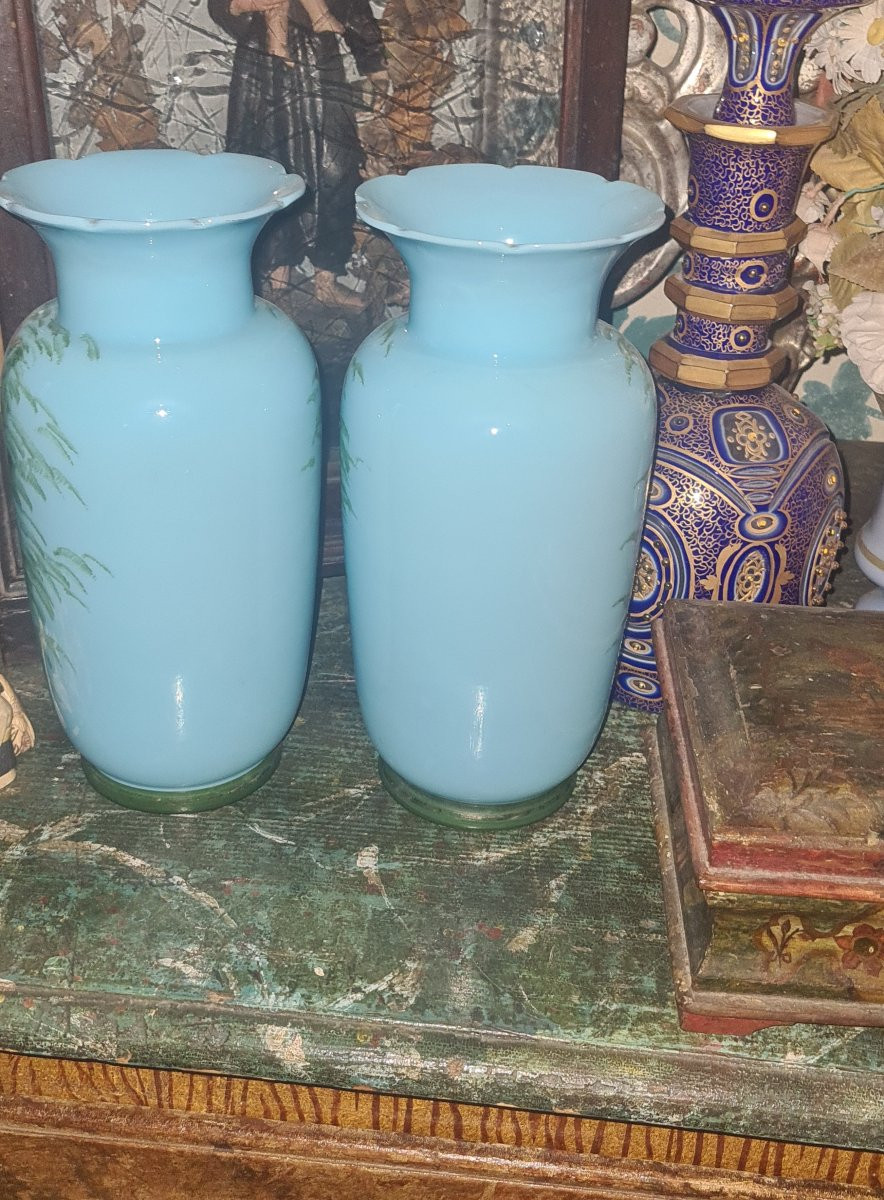Pair Of Painted Opaline Vases-photo-2